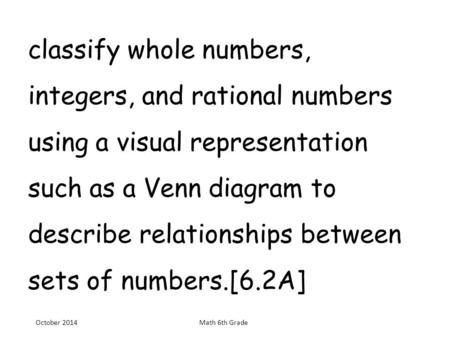 Classify whole numbers, integers, and rational numbers using a visual representation such as a Venn diagram to describe relationships between sets.