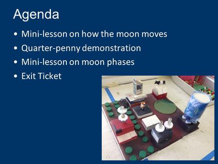 Agenda Mini-lesson on how the moon moves Quarter-penny demonstration