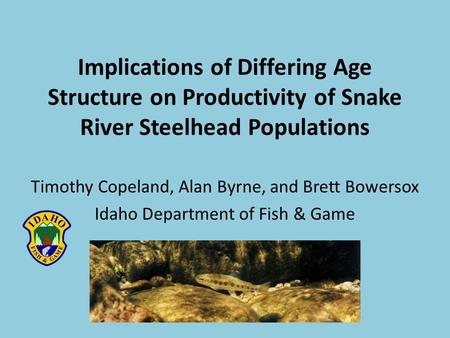 Implications of Differing Age Structure on Productivity of Snake River Steelhead Populations Timothy Copeland, Alan Byrne, and Brett Bowersox Idaho Department.
