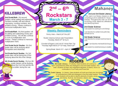 2 nd – 6 th Rockstars March 3 - 7 Weekly Reminders 4th Grade Literacy – In Literacy class students will continue to learn comprehension skills and strategies.