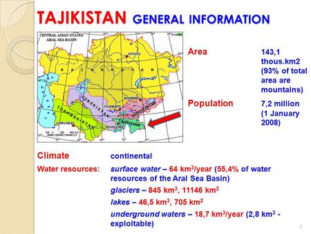 TAJIKISTAN GENERAL INFORMATION 1 Area 143,1 thous.km2 (93% of total area are mountains) Population 7,2 million (1 January 2008) Climate continental Water.