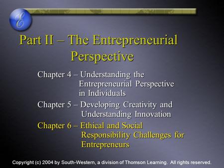 Part II – The Entrepreneurial Perspective