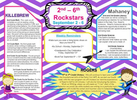 2 nd – 6 th Rockstars September 2 - 6 Weekly Reminders 4 th & 5 th Grade Literacy – We will continue to learn and master the foundational skills of the.