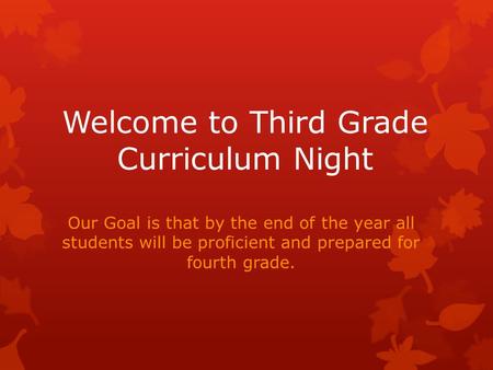 Welcome to Third Grade Curriculum Night Our Goal is that by the end of the year all students will be proficient and prepared for fourth grade.