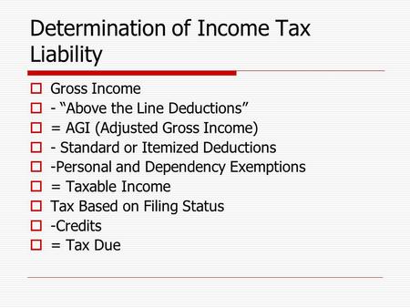 Determination of Income Tax Liability  Gross Income  - “Above the Line Deductions”  = AGI (Adjusted Gross Income)  - Standard or Itemized Deductions.