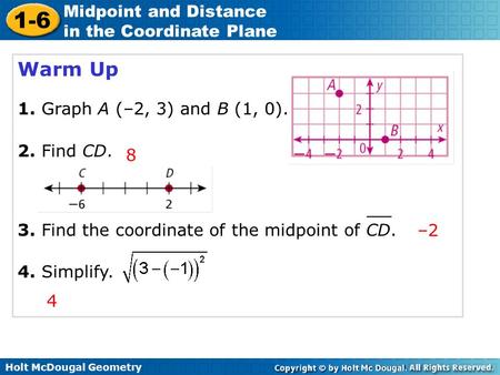 Warm Up 1. Graph A (–2, 3) and B (1, 0). 2. Find CD. 8