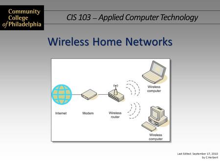 CIS 103 — Applied Computer Technology Last Edited: September 17, 2010 by C.Herbert Wireless Home Networks.