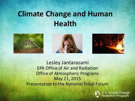 Climate Change and Human Health Lesley Jantarasami EPA Office of Air and Radiation Office of Atmospheric Programs May 21, 2015 Presentation to the National.