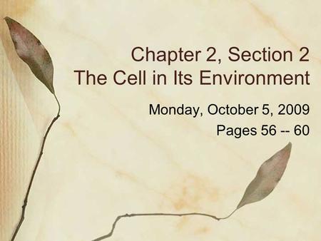 Chapter 2, Section 2 The Cell in Its Environment Monday, October 5, 2009 Pages 56 -- 60.