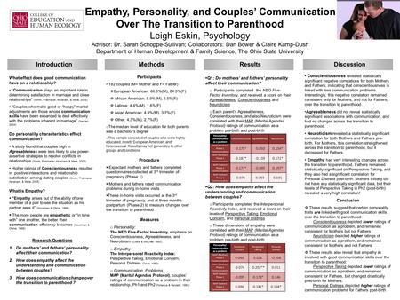 Empathy, Personality, and Couples’ Communication Over The Transition to Parenthood Leigh Eskin, Psychology Advisor: Dr. Sarah Schoppe-Sullivan; Collaborators: