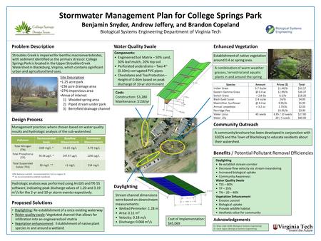 A combination of warm weather grasses, terrestrial and aquatic plants in and around the spring Stormwater Management Plan for College Springs Park Benjamin.