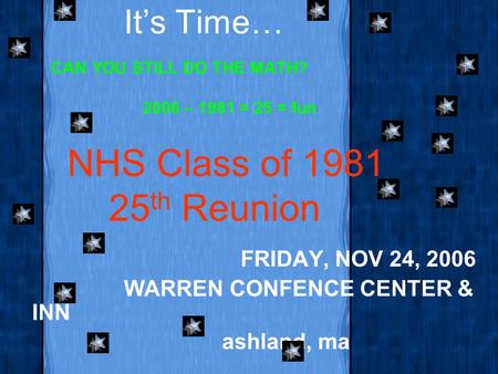 It’s Time… CAN YOU STILL DO THE MATH? 2006 – 1981 = 25 = fun FRIDAY, NOV 24, 2006 WARREN CONFENCE CENTER & INN ashland, ma NHS Class of 1981 25 th Reunion.