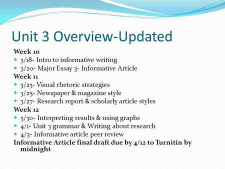 Unit 3 Overview-Updated Week 10 3/18- Intro to informative writing 3/20- Major Essay 3- Informative Article Week 11 3/23- Visual rhetoric strategies 3/25-