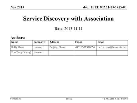 Doc.: IEEE 802.11-13-1415-00 Submission Nov 2013 Betty Zhao et. al., HuaweiSlide 1 Service Discovery with Association Date: 2013-11-11 Authors: