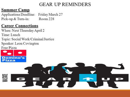 GEAR UP REMINDERS Summer Camp Applications Deadline: Friday March 27 Pick-up & Turn-in: Room 228 Career Connections When: Next Thursday April 2 Time: Lunch.
