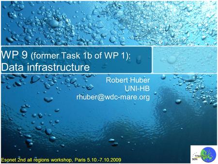 WP 9 (former Task 1b of WP 1): Data infrastructure Robert Huber UNI-HB Esonet 2nd all regions workshop, Paris 5.10.-7.10.2009.