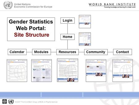 © 2007 The World Bank Group, UNECE, All Rights reserved United Nations Economic Commission for Europe Gender Statistics Web Portal: Site Structure Login.