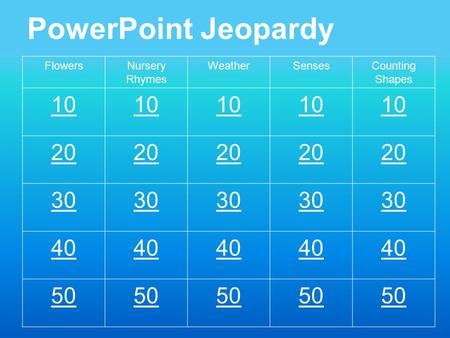 PowerPoint Jeopardy FlowersNursery Rhymes WeatherSensesCounting Shapes 10 20 30 40 50.