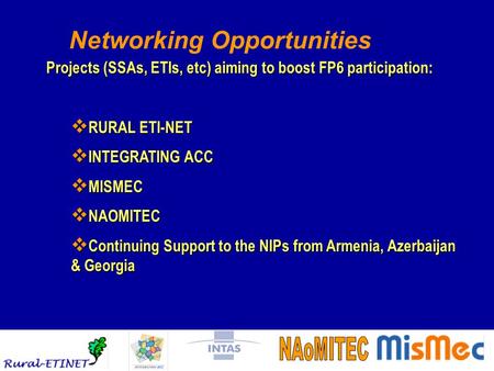 Networking Opportunities Projects (SSAs, ETIs, etc) aiming to boost FP6 participation:  RURAL ETI-NET  INTEGRATING ACC  MISMEC  NAOMITEC  Continuing.