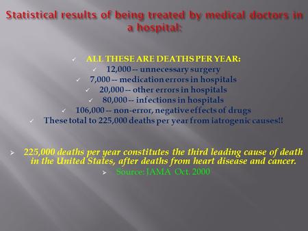 Statistical results of being treated by medical doctors in a hospital: ALL THESE ARE DEATHS PER YEAR: 12,000 -- unnecessary surgery 7,000 -- medication.