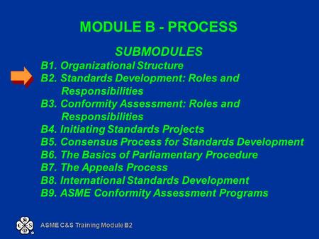 ASME C&S Training Module B2 MODULE B - PROCESS SUBMODULES B1. Organizational Structure B2. Standards Development: Roles and Responsibilities B3. Conformity.