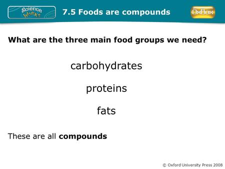 © Oxford University Press 2008 7.5 Foods are compounds What are the three main food groups we need? carbohydrates proteins fats These are all compounds.