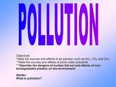 Objectives: *State the sources and effects of air pollution such as SO 2, CO 2 and CH 4 **State the sources and effects of some water pollutants ***Describe.