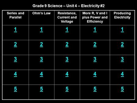 Grade 9 Science – Unit 4 – Electricity #2 Series and Parallel Ohm’s LawResistance, Current and Voltage More R, V and I plus Power and Efficiency Producing.