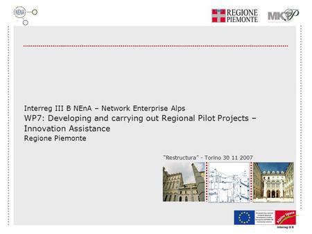 “Restructura” - Torino 30 11 2007 Interreg III B NEnA – Network Enterprise Alps WP7: Developing and carrying out Regional Pilot Projects – Innovation Assistance.