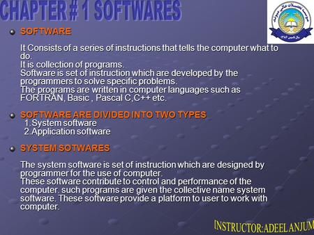 SOFTWARE It Consists of a series of instructions that tells the computer what to do. It is collection of programs. Software is set of instruction which.