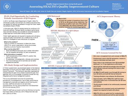 Increase % of staff in upper stages of NACCHO’s QI culture framework Use findings to refine QI strategy Design QI culture survey and conduct survey periodically.