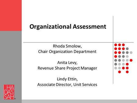 ® Organizational Assessment Rhoda Smolow, Chair Organization Department Anita Levy, Revenue Share Project Manager Lindy Ettin, Associate Director, Unit.
