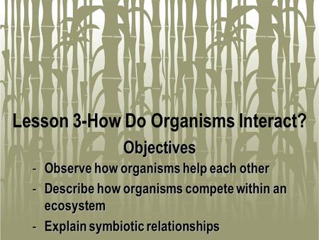 Lesson 3-How Do Organisms Interact? - Observe how organisms help each other - Describe how organisms compete within an ecosystem - Explain symbiotic relationships.