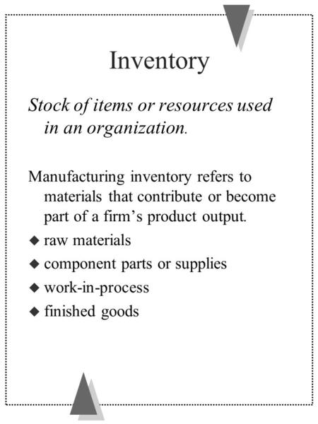 Inventory Stock of items or resources used in an organization.