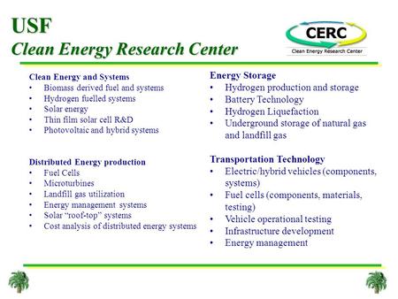 USF Clean Energy Research Center Clean Energy and Systems Biomass derived fuel and systems Hydrogen fuelled systems Solar energy Thin film solar cell R&D.