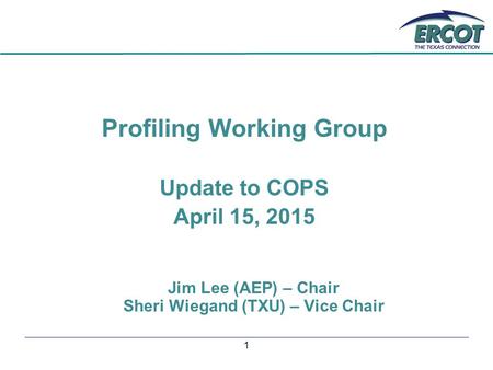 1 Profiling Working Group Update to COPS April 15, 2015 Jim Lee (AEP) – Chair Sheri Wiegand (TXU) – Vice Chair.