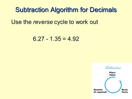 Subtraction Algorithm for Decimals Use the reverse cycle to work out 6.27 - 1.35 = 4.92.