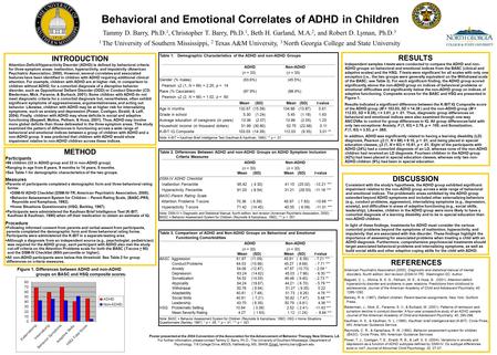 Behavioral and Emotional Correlates of ADHD in Children Tammy D. Barry, Ph.D. 1, Christopher T. Barry, Ph.D. 1, Beth H. Garland, M.A. 2, and Robert D.