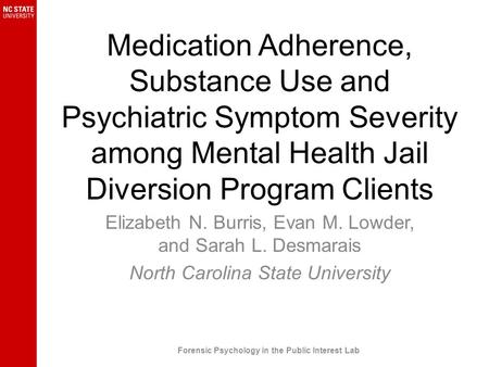 Medication Adherence, Substance Use and Psychiatric Symptom Severity among Mental Health Jail Diversion Program Clients Elizabeth N. Burris, Evan M. Lowder,