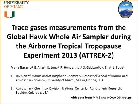 Trace gases measurements from the Global Hawk Whole Air Sampler during the Airborne Tropical Tropopause Experiment 2013 (ATTREX-2) Maria Navarro 1, E.