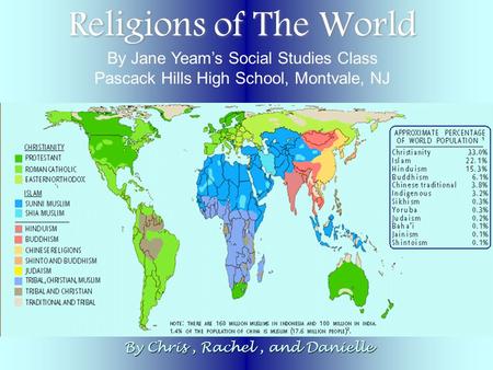 Religions of The World By Chris, Rachel, and Danielle By Jane Yeam’s Social Studies Class Pascack Hills High School, Montvale, NJ.