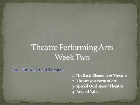 Ch1. The Nature of Theatre 1. The Basic Elements of Theatre 1. The Basic Elements of Theatre 2. Theatre as a Form of Art 2. Theatre as a Form of Art 3.