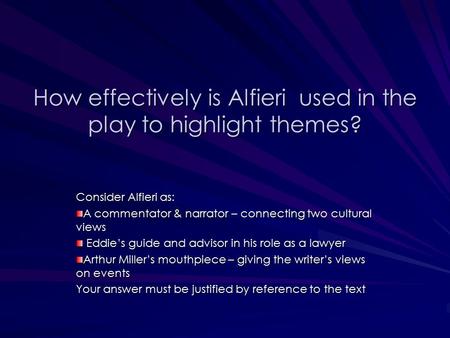 How effectively is Alfieri used in the play to highlight themes? Consider Alfieri as: A commentator & narrator – connecting two cultural views Eddie’s.