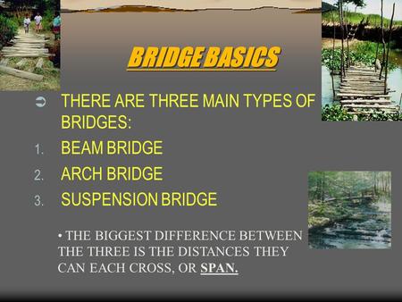 BRIDGE BASICS THERE ARE THREE MAIN TYPES OF BRIDGES: BEAM BRIDGE