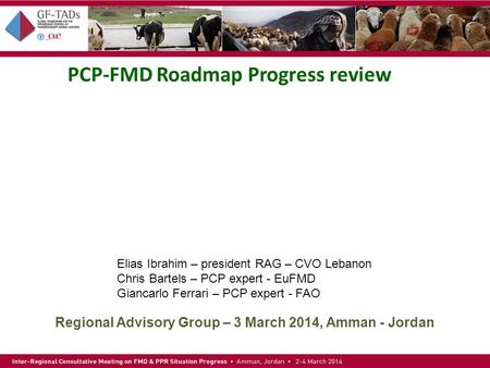 PCP-FMD Roadmap Progress review Regional Advisory Group – 3 March 2014, Amman - Jordan Elias Ibrahim – president RAG – CVO Lebanon Chris Bartels – PCP.
