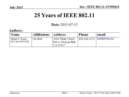 Doc.: IEEE 802.11-15/0906r0 Submission July 2015 Stuart J. Kerry - 802.11 WG Chair (2000-2008) 25 Years of IEEE 802.11 Date: 2015-07-15 Authors: Slide.