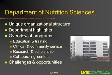 09/13/02 Department of Nutrition Sciences Unique organizational structure Department highlights Overview of programs Education & training Clinical & community.