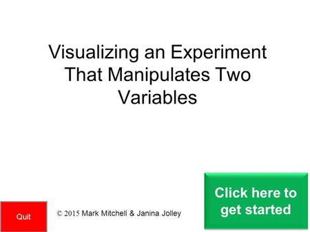 Visualizing an Experiment That Manipulates Two Variables Click here to get started Click here to get started Quit © 2015 Mark Mitchell & Janina Jolley.