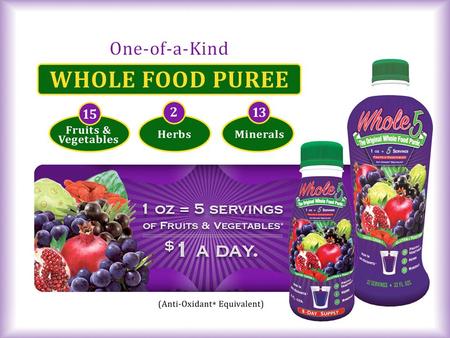 A WHOLE FOOD PUREE - NOT a juice! The CONVENIENCE of 5 Servings of Fruits & Vegetables* in every ounce & It TASTES GOOD so everyone enjoys drinking it,