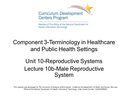 Component 3-Terminology in Healthcare and Public Health Settings Unit 10-Reproductive Systems Lecture 10b-Male Reproductive System This material was developed.